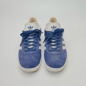 Adidas Gazelle sneakers, blue collegiate navy, white, metallic gold, US size 5